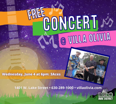 Free Concert at Villa Olivia on The Patio June 4th at 6pm. 3Aces band