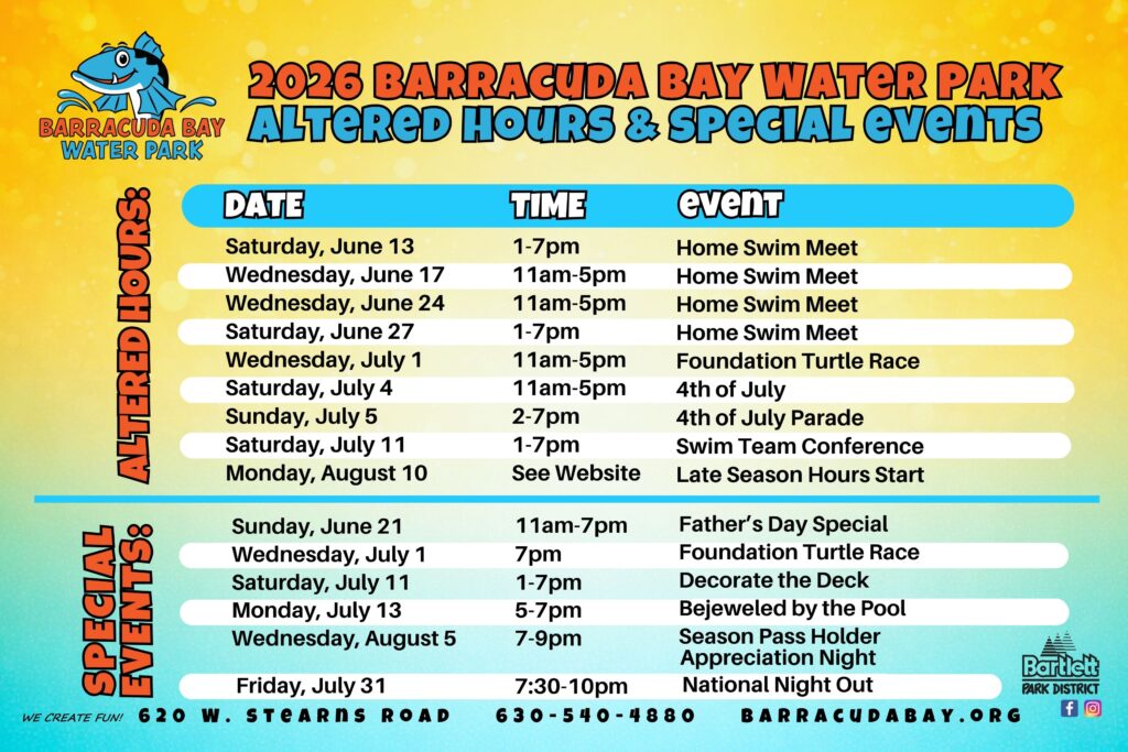 2026 Barracuda Bay Water Park Altered Hours and Special Events
